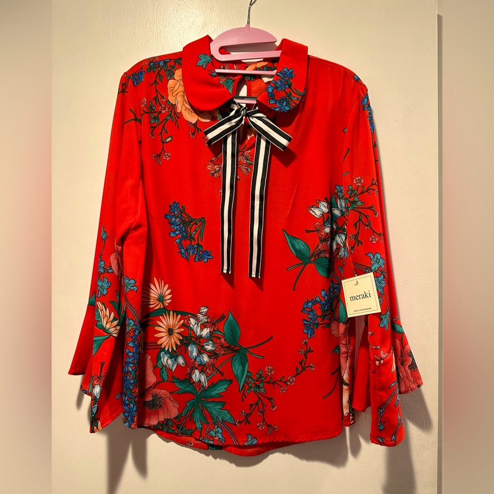 Floral long sleeve blouse with contrasting ribbon tie at neck